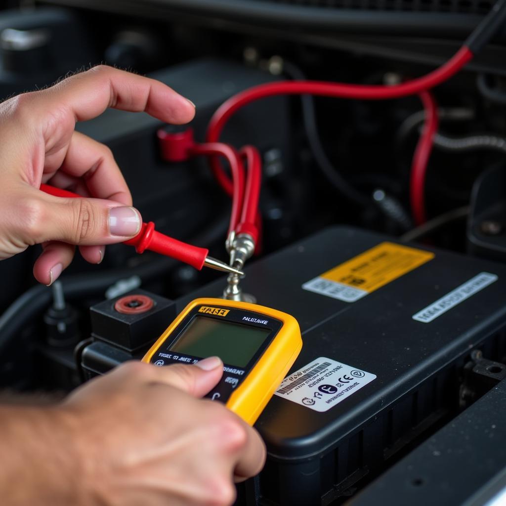 Mechanic Testing Car Battery with Multimeter