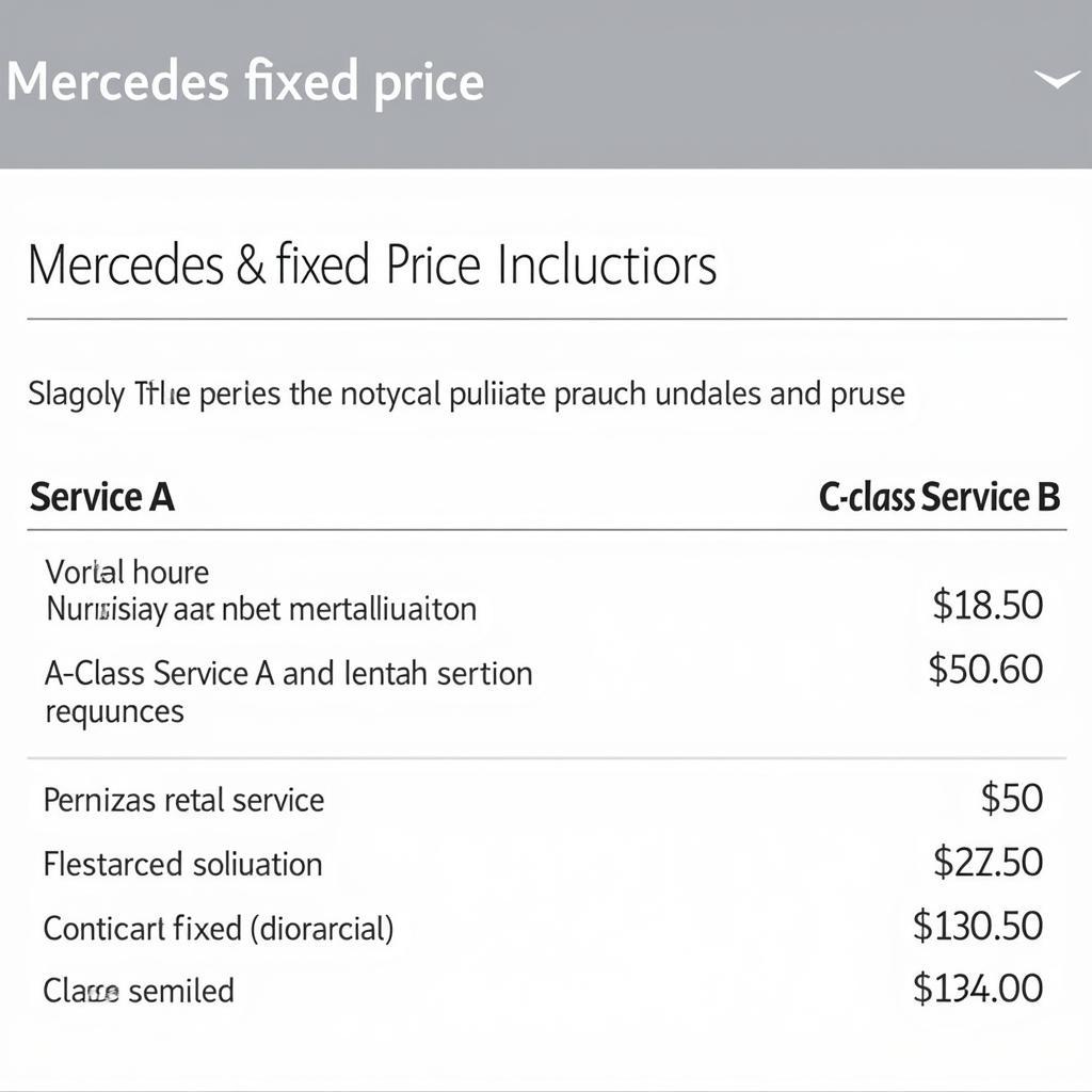 Mercedes Fixed Price Servicing Menu