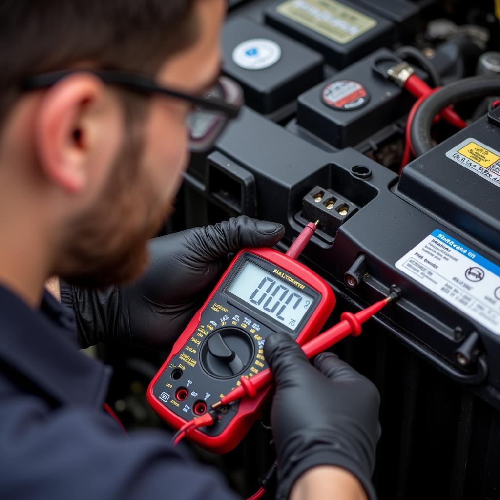 Using a Multimeter to Test a Car Battery Cell: A person uses a multimeter to check the voltage of individual cells in a car battery.