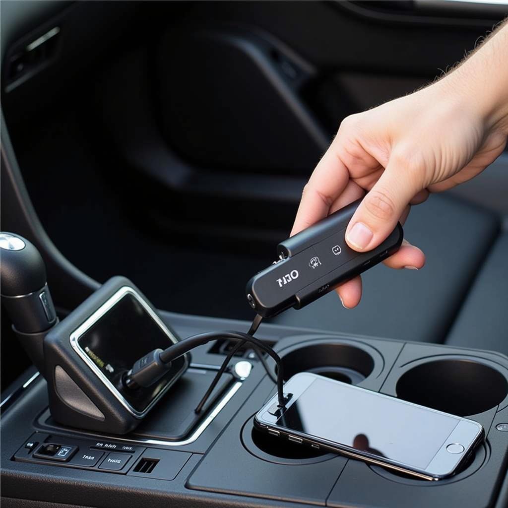 Person Setting up Bluetooth Transmitter in Car