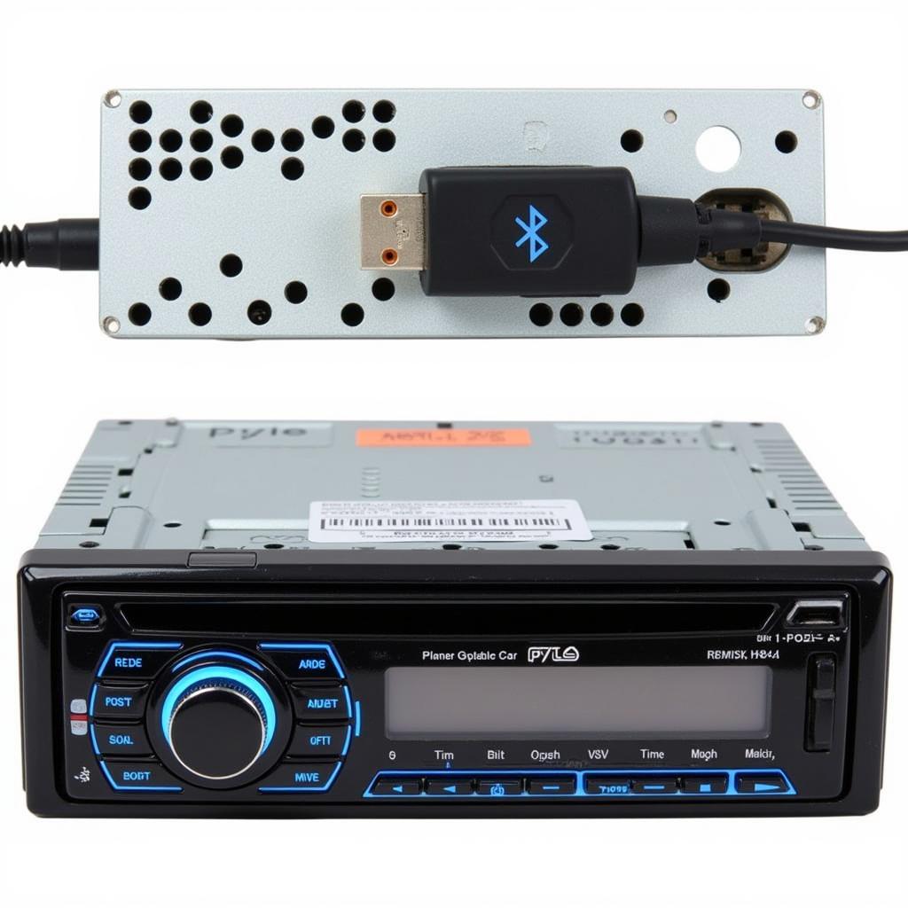 Pyle PT car radio with a Bluetooth adapter plugged into the auxiliary port.