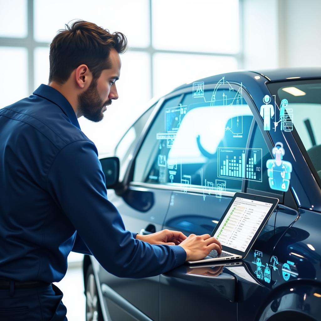 Technician using a laptop for remote car diagnostics