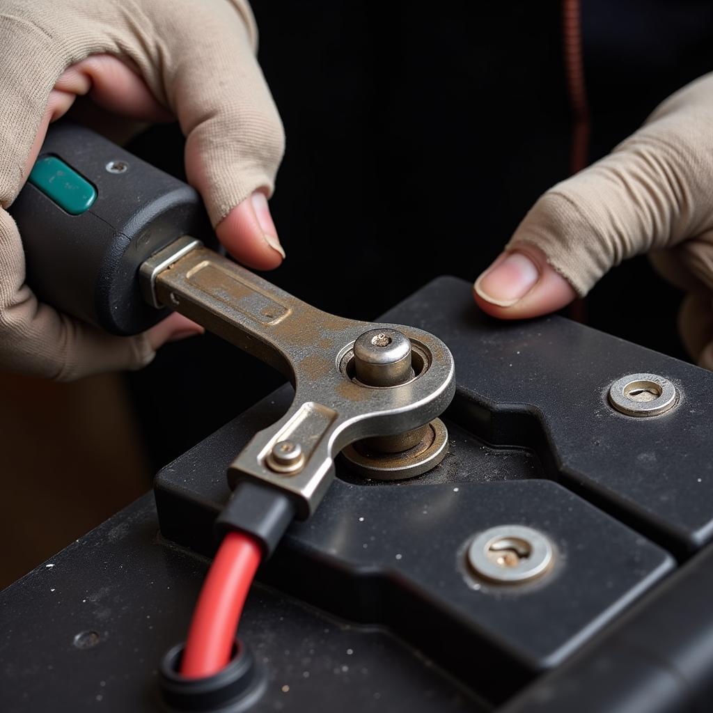 Tightening Battery Terminal with Wrench