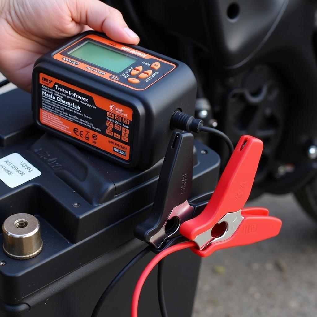 Trickle Charger Connected to Motorcycle Battery