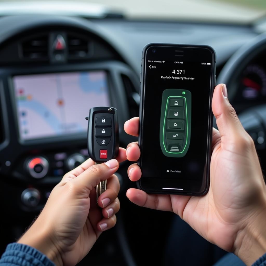 Person using a key fob frequency scanner app to check their car key frequency