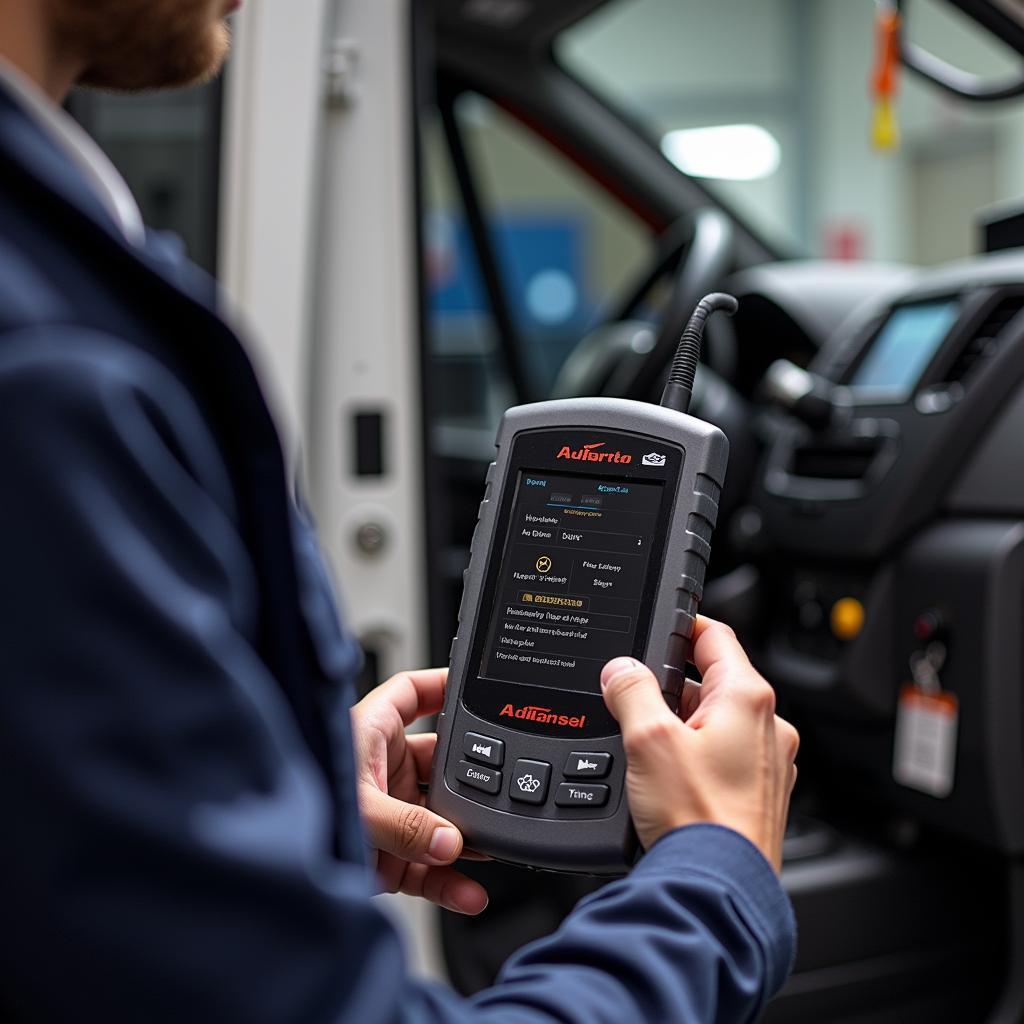 Mechanic Diagnosing Vauxhall Vivaro AdBlue System with a Diagnostic Tool