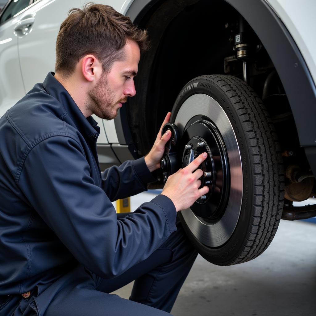 Volvo Mechanic Inspecting Brakes