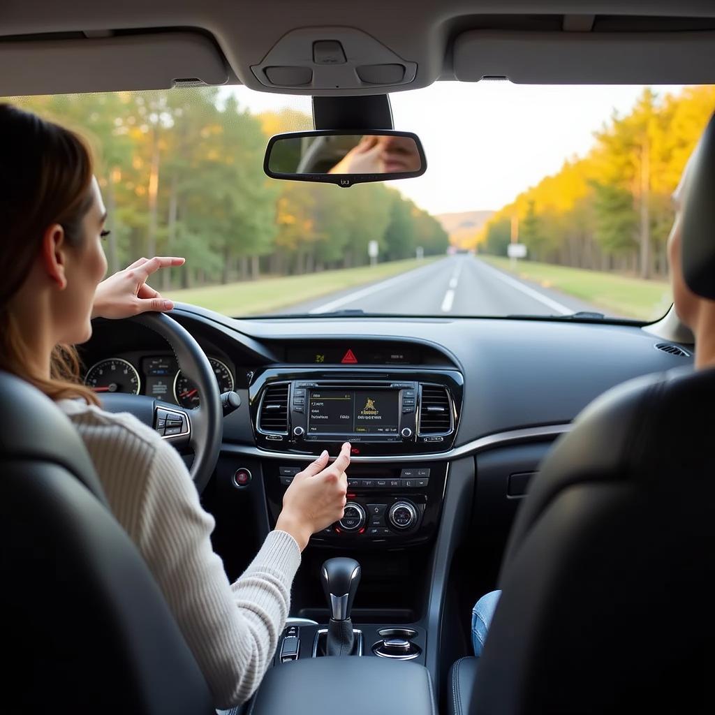 Woman using voice control feature on her car radio