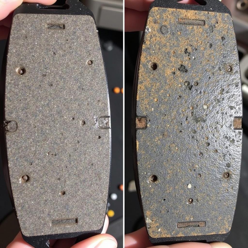 Comparison of new and worn brake pads.