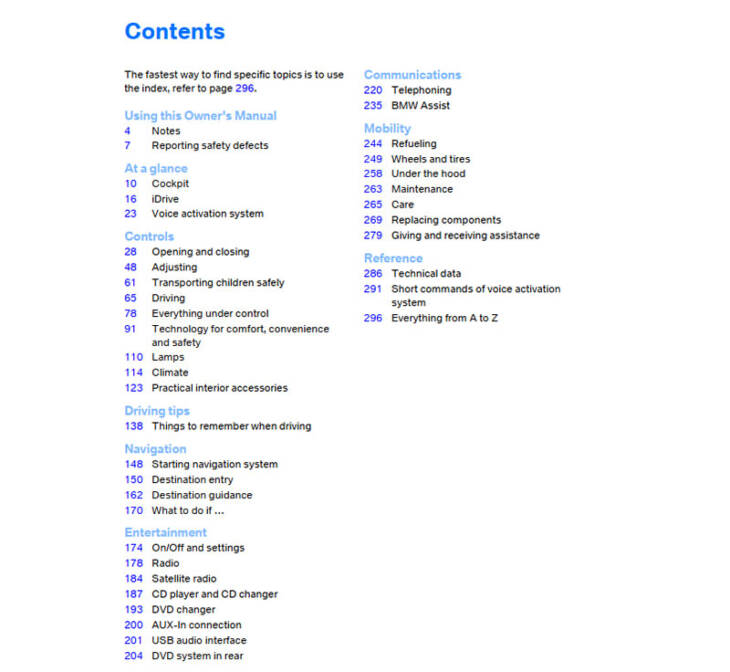 The table of content of BMW X6 Owner’s Manuals